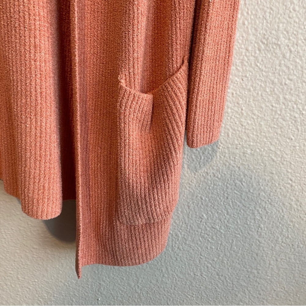 Barefoot Dreams CozyChic Ultra Lite Hooded Ribbed Cardigan Coral Small - Picture 3 of 9